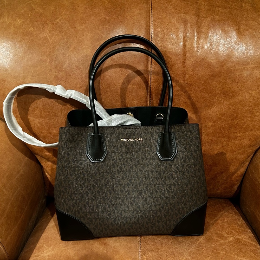 Michael Kors Brown and Black Satchel with Signature Monogram
